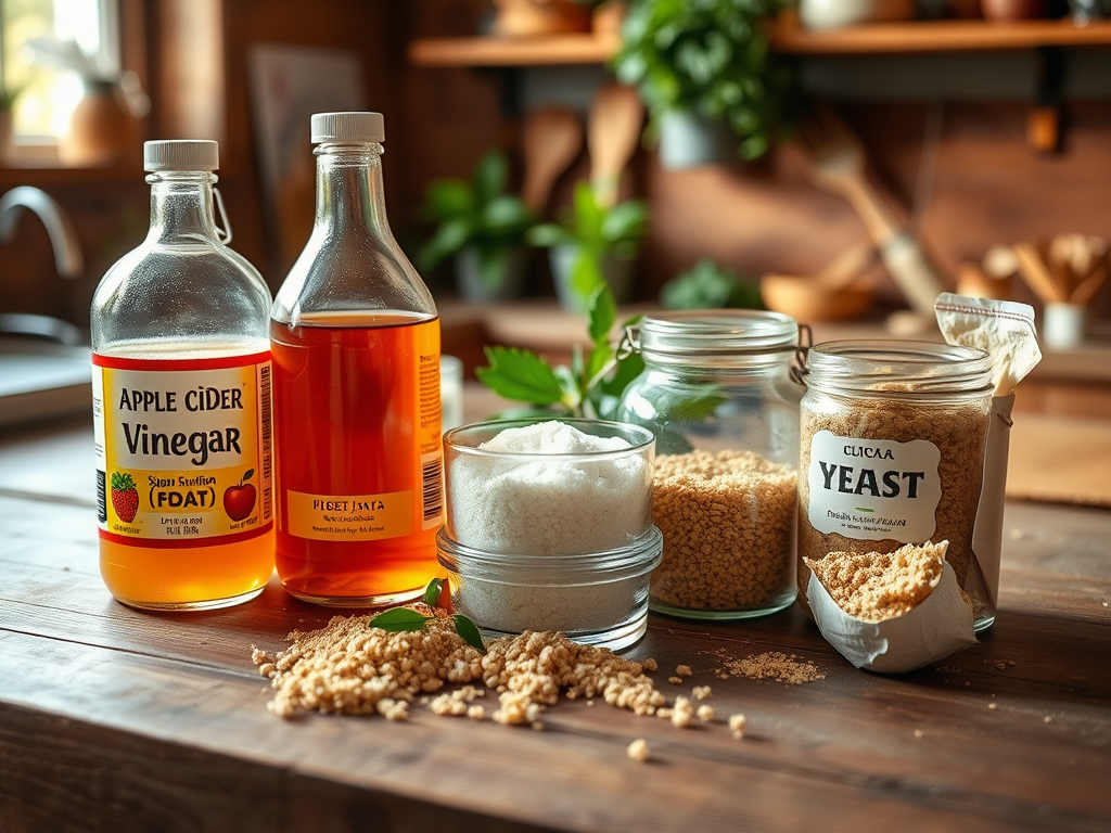 Bottles of apple cider vinegar, sugar, and yeast on a wooden table, surrounded by fresh herbs in a cozy kitchen.