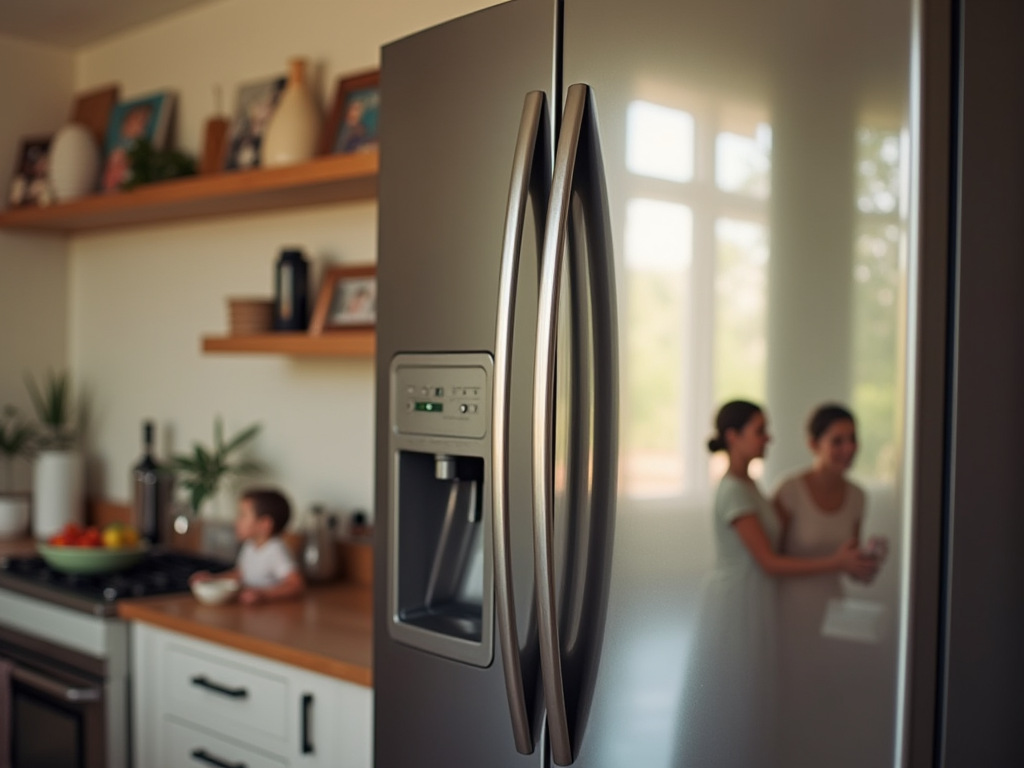 Close-up of a modern refrigerator in a kitchen with a family interacting softly in the blurred background.