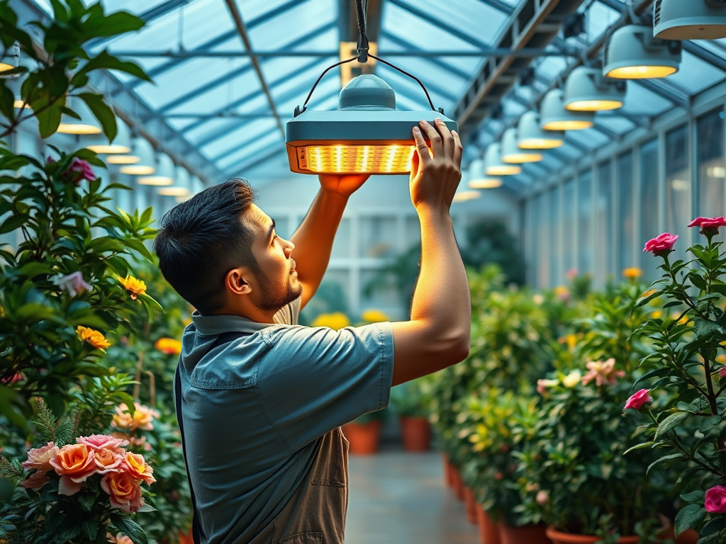 A man adjusts a grow light in a greenhouse filled with blooming flowers and lush greenery.