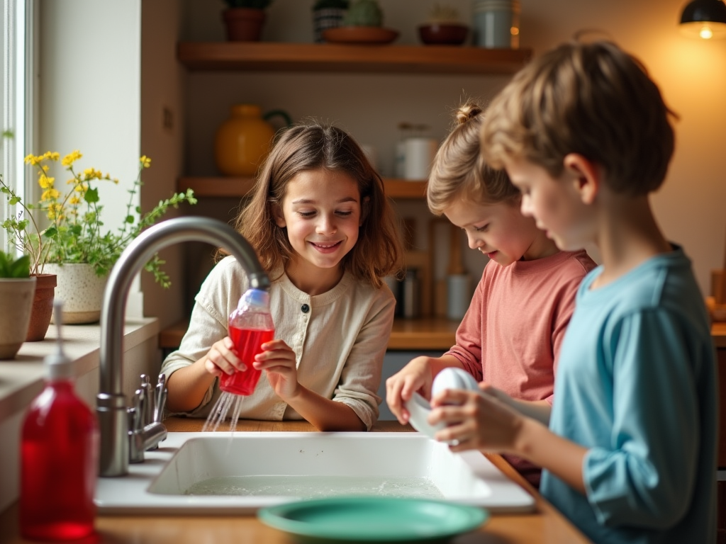 Three children enjoying a science experiment with water and red liquid at a kitchen sink.