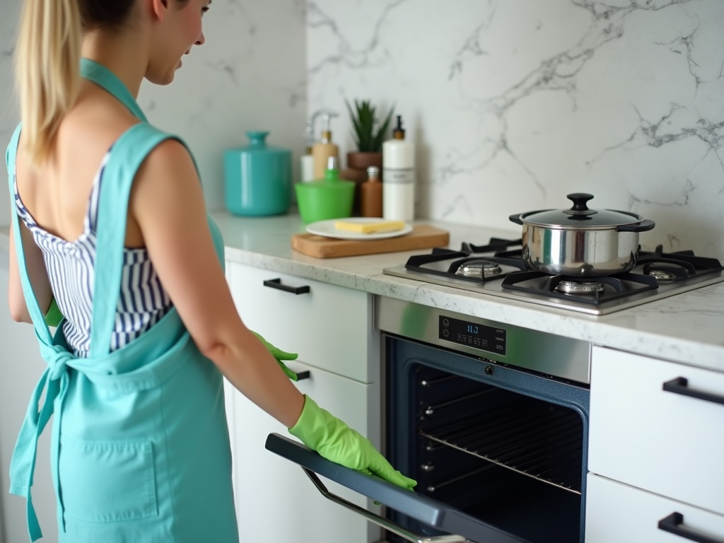 Woman in a teal apron and gloves opening an oven in a modern kitchen.