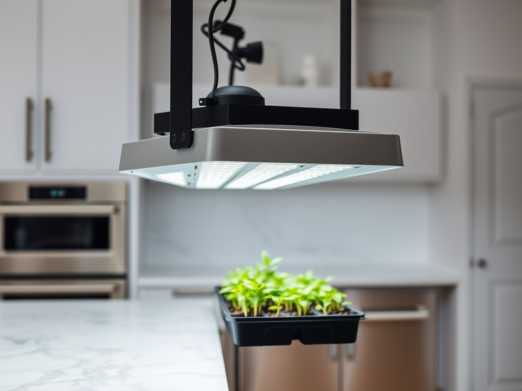 A modern kitchen with a hanging grow light illuminating young plants in a tray on a marble countertop.