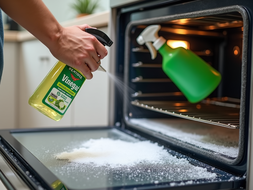 Hand spraying vinegar from a green bottle onto an oven for cleaning.