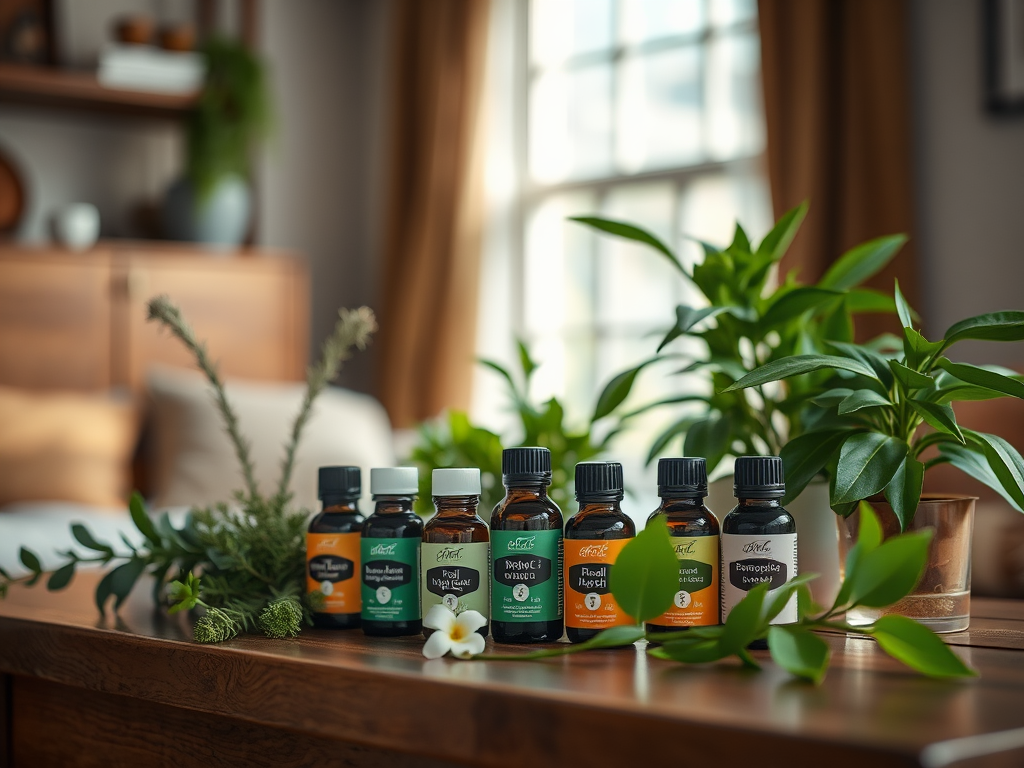 A selection of essential oil bottles arranged on a wooden table, surrounded by greenery in a cozy room.
