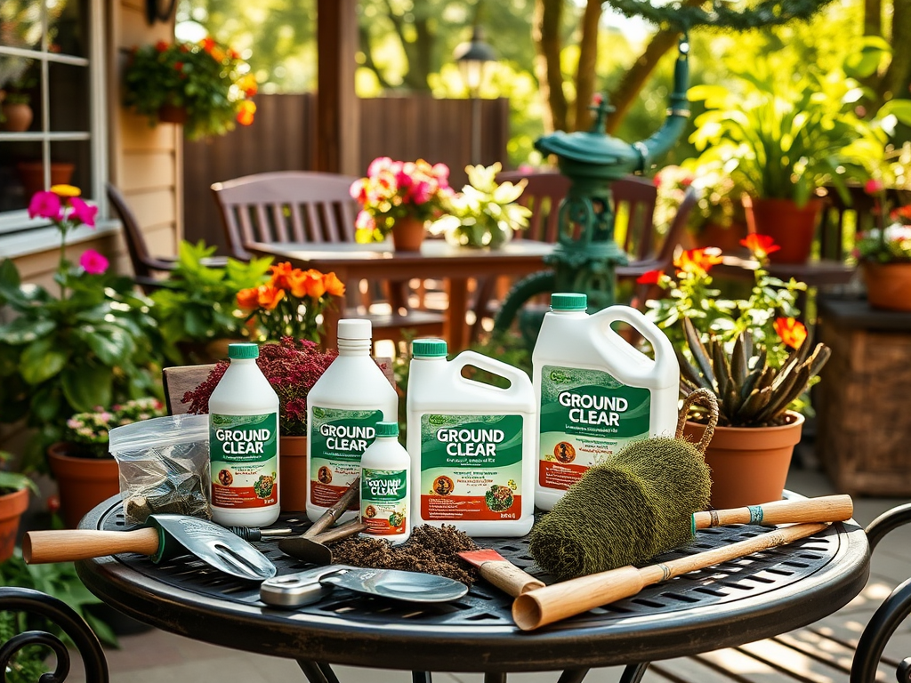 Various gardening products, including bottles labeled "Ground Clear," tools, and vibrant potted plants on a table.