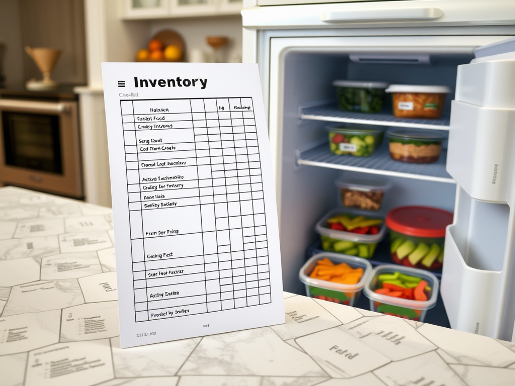 A fridge inventory checklist on a countertop, next to organized containers of fruits and vegetables inside the fridge.